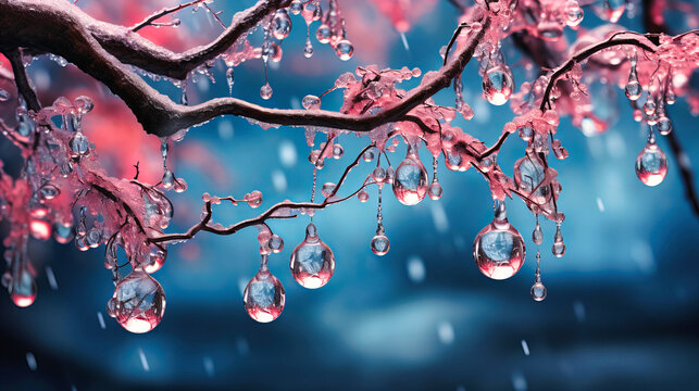 Frozen droplets adorning the branches of a weeping tree