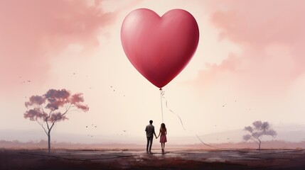 A couple in love walks with heart-shaped balloons in the sky. Concept: Valentine's day, lovers on a date
