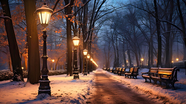 Snow-draped street lamps in a deserted park,