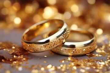Obraz na płótnie Canvas Golden weddinng rings on bokeh background