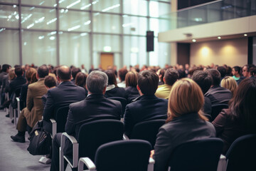 rear view of an audience in a conference hall listening to a business speaker - obrazy, fototapety, plakaty