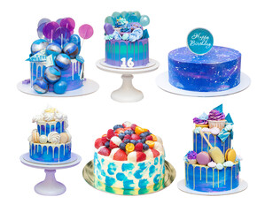 Collection of different beautiful blue birthday cakes isolated on white background. Sweet sixteen...