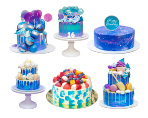 Collection of different beautiful blue birthday cakes isolated on white background. Sweet sixteen cake, with chocolate spheres, berries and cosmic