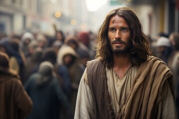 Jesus in a crowd in a modern city.
