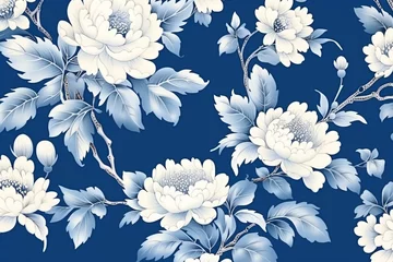 Fototapeten Blue vintage background with blooming flowers and Chinese pattern. Chinoiserie style. Seamless pattern. Generative AI © Rowen
