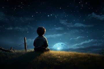 a small child gazing at the moon. Generative AI - obrazy, fototapety, plakaty