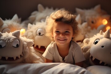 Cute smiling little boy with dinosaur toy in his bed
