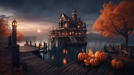 Spooky Halloween scene with a lone eery house on the lake and pumpkins on the dock, with the moon rising in the sky - obrazy, fototapety, plakaty
