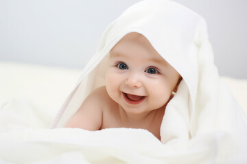 A photo of a baby lying in bed with a white blanket