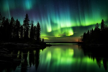 An enchanting aurora illuminates the sky and reflects on a tranquil lake in Minnesota. Generative AI