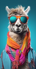 Fototapeta premium This whimsical picture of a furry llama wearing blue sunglasses and a cozy scarf invites viewers to experience the joy and freedom of embracing one's individual style and personality