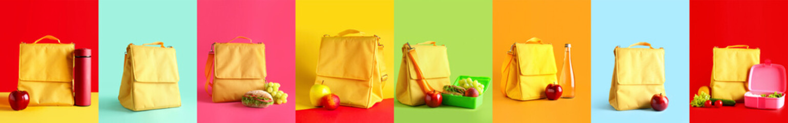 Set of school lunch boxes and thermo bags on colorful background