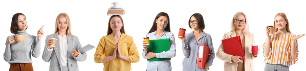 Collage of women with cups of aromatic coffee on white background