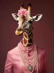 A funny, anthropomorphized giraffe stands indoors wearing a pink shirt and pearls around its neck, brightening up the wall with its unique style