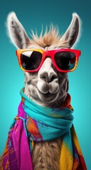 Obraz premium A furry llama wearing sunglasses and a scarf brings an unexpected dose of whimsy and fun to the animal kingdom
