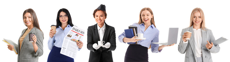 Collage of businesswomen with cups of aromatic coffee on white background