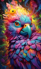 A whimsical painting of a vibrant parrot perched atop a bright and vivid background captures the joy of animal anthropomorphism and the beauty of nature
