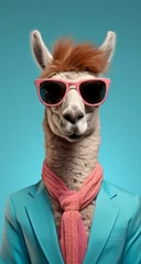 Foto op Canvas This playful and comical llama, sporting a furry blue scarf and a pair of stylish sunglasses, brings a lighthearted sense of fun to any scene © mockupzord