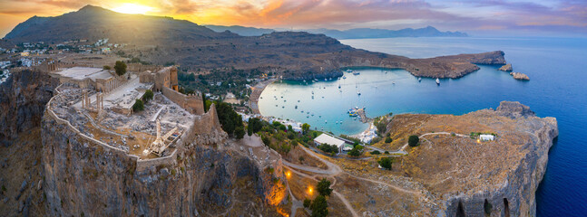 Panoramic view of Lindos village and Acropolis, Rhodes, Greece - obrazy, fototapety, plakaty
