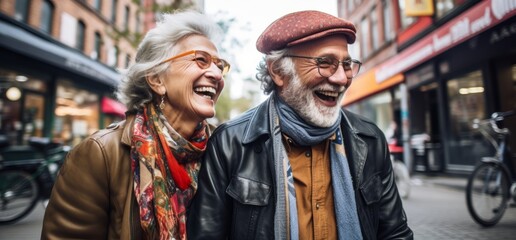 Fototapeta na wymiar a happy senior couple smiling in an outdoor setting