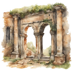 Fototapeta premium Old Stone Ruin Arch - Watercolor Painting Drawing - Generative AI