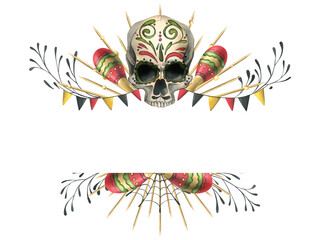Human skull with an ornament, in a golden crown with rays, with cobwebs, garland flags and maracas. Hand drawn watercolor illustration for day of the dead, halloween, Dia de los muertos. Template