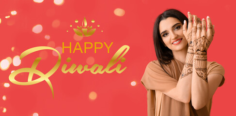 Long banner for Happy Diwali with Indian woman