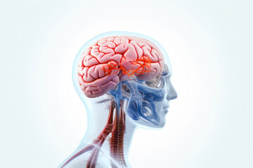 Obraz premium A human head and neck in profile with a transparent brain and spinal cord