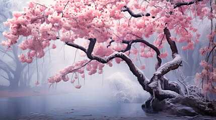 Snow-laden branches of a weeping cherry tree, - obrazy, fototapety, plakaty