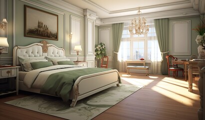 This eclectic bedroom suite creates a warm and inviting atmosphere with its combination of modern furniture, luxurious bedding, ornate chandelier, and unique wall and flooring designs