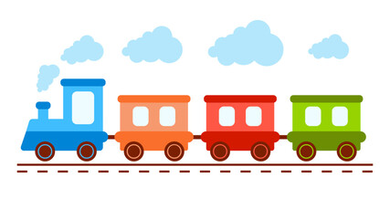 Cute toy train locomotive for kid, engine, wagon, wheels and railway for child. Flat vector illustration for holiday, birthday and shop. Transport children game.