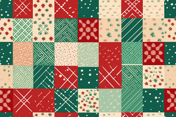 A patchwork of green and red geometric shapes for Christmas, repeating seamless pattern - obrazy, fototapety, plakaty