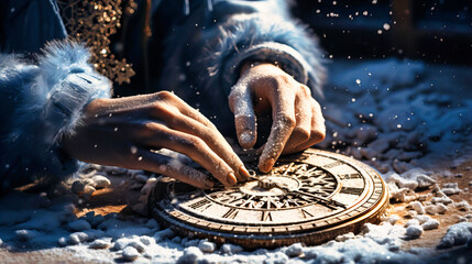 Snowflakes settling on the weathered hands of a sundial - obrazy, fototapety, plakaty