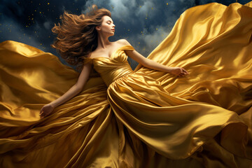 Beautiful fashion model in golden silk gown flowing fabric