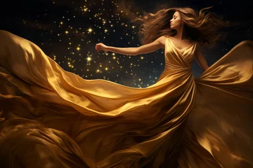 Beautiful fashion model in golden silk gown flowing fabric © Guido Amrein