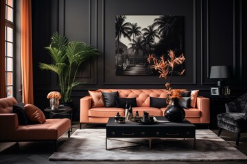 Elegant and stylish living room featuring black and salmon color scheme. Generative AI