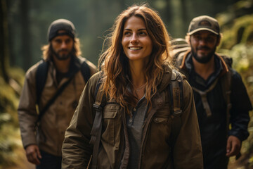 Fototapeta premium A group of friends enjoys a nature hike, connecting with each other and nature as part of their effort to prevent burnout. Generative Ai.