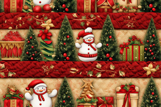 Quilted repeating seamless pattern with snowmen and Christmas trees