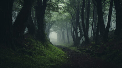 Obraz premium Foggy forest path in the morning