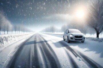Winter Driving - Heavy snowfall on a country road. Driving on it becomes dangerous  - obrazy, fototapety, plakaty