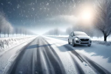 Foto op Aluminium Winter Driving - Heavy snowfall on a country road. Driving on it becomes dangerous  © Areesha