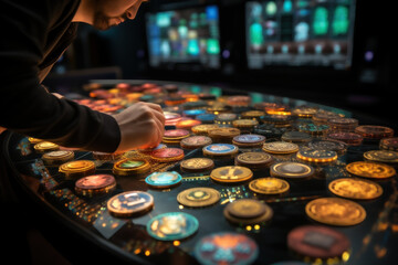 A close-up of a person's hand selecting a cryptocurrency to trade on a digital exchange, highlighting the variety of available options. Generative Ai.
