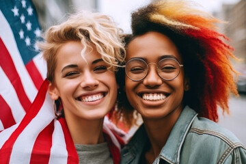 Close up portrait of two multiethnic girls holding american flag and looking at camera