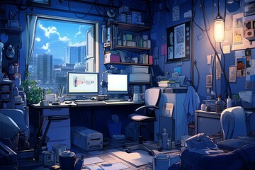 Cluttered apartment with chaotic, matte blue interior. Anime-style illustration of a messy living room in an Asian-themed art. Sci-fi untidy space illuminated by outside light. Generative AI