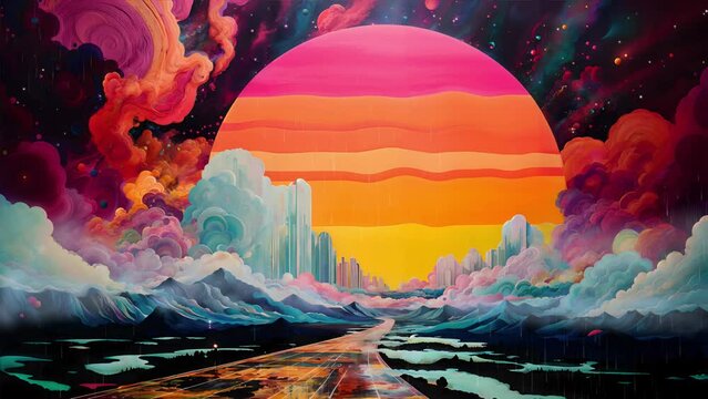 Psychedelic sky and clouds with twinkling stars. Rain falls onto a road as fog rolls over the mountains. Looping animation.