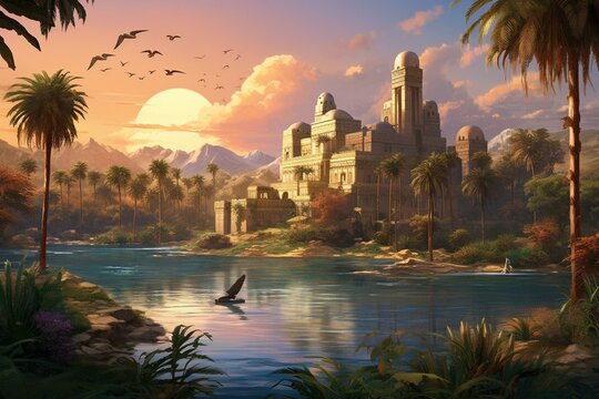 A vintage-style digital painting with palm trees, temples, birds, and butterflies along the Nile river in ancient Egypt. Generative AI