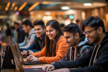 Indian students engrossed in a coding workshop, demonstrating their enthusiasm for technology and innovation. Generative Ai.