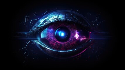 Sci-fi dream image with digital eye with blue and indigo color glowing lights