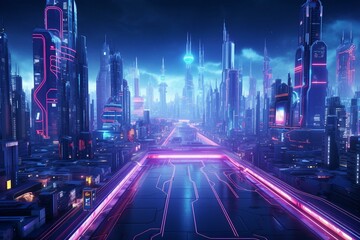Fototapeta na wymiar Overhead view of a neon-lit cyber city with a glossy road. Cyberpunk-style wallpaper featuring a futuristic industrial cityscape. 3D-rendered image. Generative AI