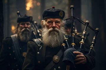 Washable wall murals Old building Traditional Scottish bagpipers in their distinctive attire, embodying the proud and storied cultural heritage of Scotland. Generative Ai.